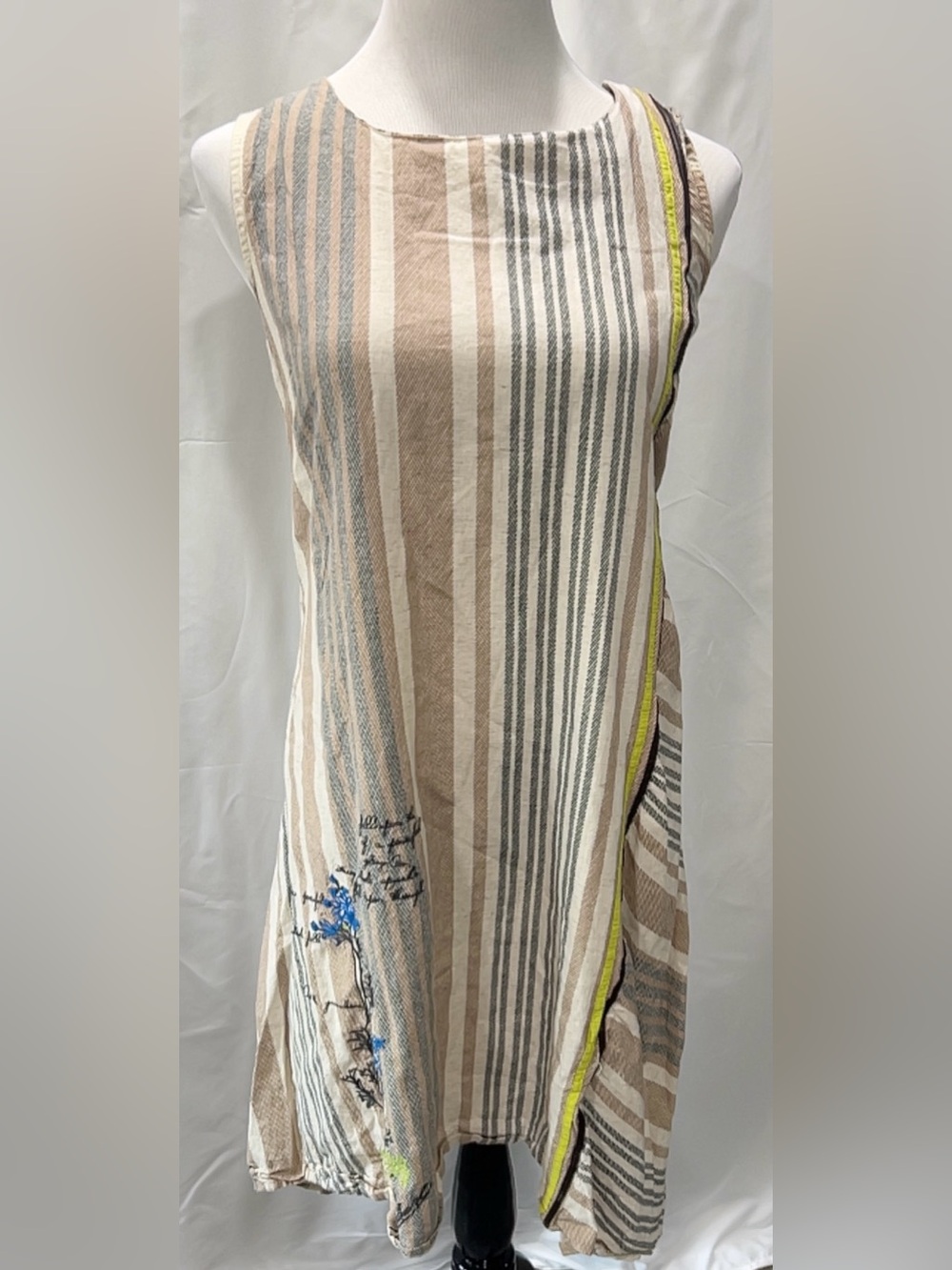 W for Woman Striped Linen Cotton Blend Dress Size 10 Neutral Floral Script Print